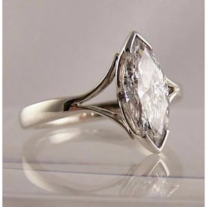 White Marquise Solitaire Diamond Ring, Half Bezel Set Wedding Ring, Marquise Diamond Ring, 925 Sterling Silver Ring, For Women
