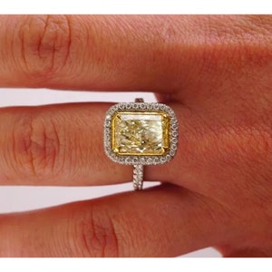 3.10Ct Yellow Radiant Diamond Engagement Ring, Canary Yellow Radiant Cut Halo Ring, Two Tone Wedding Gift Ring For Women