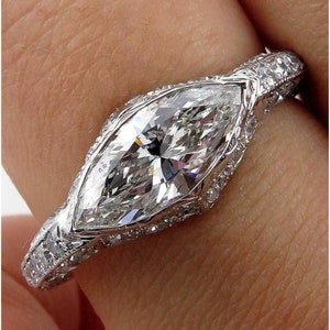 Bezel Set Marquise Diamond Wedding Ring, Unique Milgrain Engagement Ring, Antique  Engraved Shank Ring, Vintage East West Setting Ring