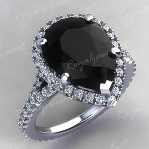 3.90Ct Black Pear Diamond Engagement Ring, Halo Black Pear Diamond Ring, Pear Shape Black Diamond Ring, In 925 Sterling Silver