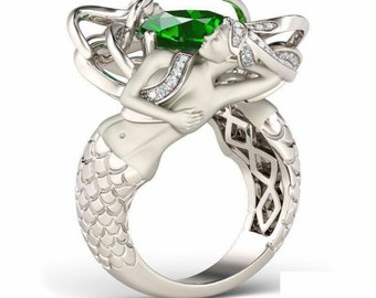 Antiker Meerjungfrau Design Ring, 2.80Ct Grüner Kissen Diamant Ring, 925 Silber Meerjungfrau Ring, Meerjungfrau Schmuck Ring, Meerjungfrau Diamant Ring