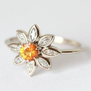 Sunflower Shape Ring, Floral Design Wedding Ring, Six Prong Set Orange Diamond Ring, Antique Floral Leaf Bridal Ring,