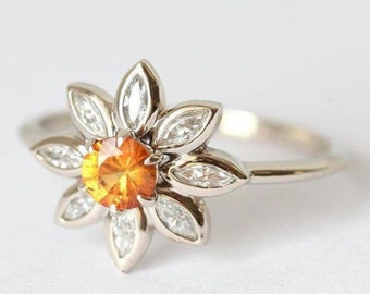 Sonnenblumen-Form-Ring, Blumenmuster-Hochzeits-Ring, sechs Zacken-gesetzter Orange Diamant-Ring, antiker Blumenblatt-Brautring,