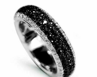 1.90Ct Black And White Round Diamond Full Eternity Band, Black Diamond Band Ring, Five Row Eternity Wedding Women's Band