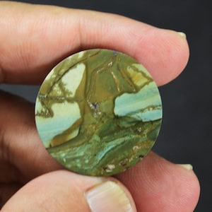 May include: A circular polished gemstone cabochon featuring a marbled pattern of earthy olive green, sage, and light blue tones with dark brown veining throughout the surface. The stone has a smooth, flat face and a rounded edge, displaying natural mineral inclusions.