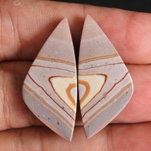 Könnte beinhalten: Paar braune, weiße und orangefarbene gebänderte Achat-Cabochons mit dreieckiger Form. Die Cabochons sind in einem symmetrischen Muster geschnitten.