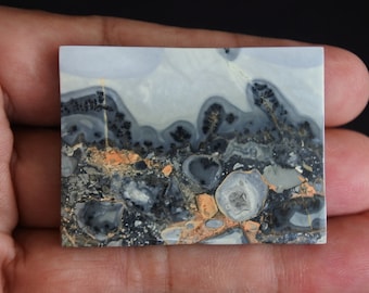Puede incluir: Una losa pulida de ágata gris, blanca y negra con un patrón dendrítico. La ágata tiene un diseño abstracto y arremolinado con toques de naranja y marrón.
