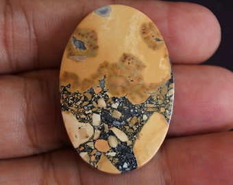 May include: A close-up of a yellow, brown, and black oval-shaped stone with a mottled pattern. The stone is smooth and polished.