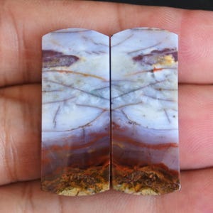 May include: Two matching, rectangular, polished agate cabochons with a white, brown, and red banded pattern. The cabochons are cut in a slightly curved shape.