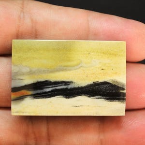 May include: A rectangular polished gemstone cabochon featuring a landscape-like pattern with horizontal bands of pale yellow, cream, and white, contrasted by a prominent, jagged black streak across the lower section with hints of orange.
