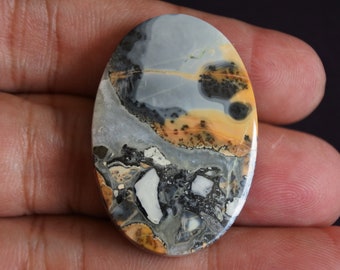 May include: A colorful oval-shaped cabochon gemstone with a mix of gray, white, brown, and black colors. The stone has a unique pattern of swirls and lines.
