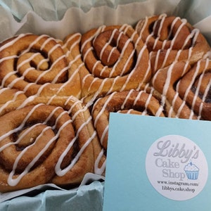 Iced Cinnamon Buns Rolls Tray Tea Cakes Birthday Party Wrapped Postal Box Hand Home Baked Treat Gift Present Boxed Spring Bread Spice