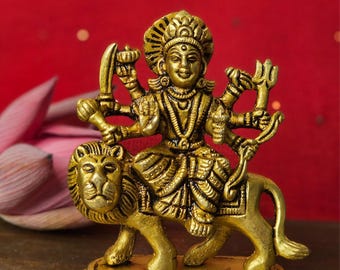 Handcrafted Brass Durga Statue – Hindu Goddess Idol, 4"