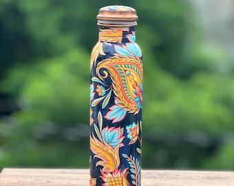 Printed Pure Copper Water Bottle, Luxury Copper Bottle, Yoga Bottle, Handmade Copper Bottle, Ayurveda Benefits Bottle, Gym Bottle, Gift