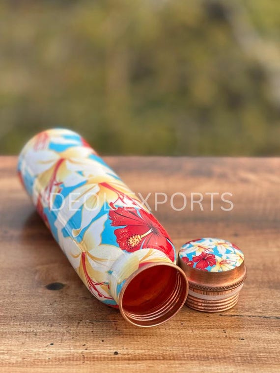 Wasserflasche Aus Reinem Kupfer – 1 Liter, Ayurvedisch, Mit Schmetterlingsdruck