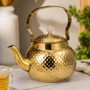 Golden Stainless Steel Tea Kettle, Hammered Metal Teapot with Crystal Knob, Luxury Chai Pot, Indian Kitchen Décor, Tea Serving Kettle