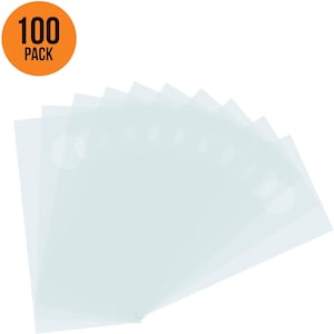 May include: A pack of 100 clear plastic sheets. The sheets are stacked in a fan shape, with the top sheet slightly folded over.