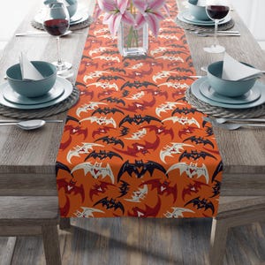 Orange Bat Parade Halloween Table Runner: Festive Fall Decor