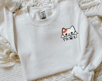 Embroidered Cat Sweatshirt, Cute Crewneck Pullover, Cat Mom Gift