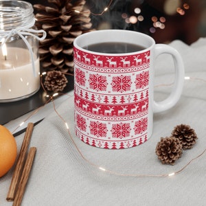 Red Christmas Pattern Ceramic Mug - Holiday Decor