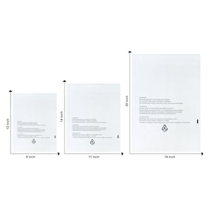 May include: Three clear plastic bags of different sizes. The bags are 9 inches by 12 inches, 11 inches by 14 inches, and 14 inches by 20 inches. The bags have a warning label printed on them.