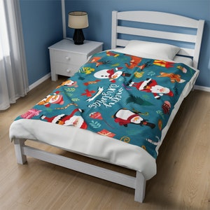Merry Christmas Velveteen Plush Blanket in Blue, Festival Home Decor Velveteen Plus Blankets, Holiday Velveteen Plus Blankets
