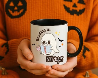 Spooky Halloween Coffee Mug: "Reading is BOO-tiful" Ghost & Cat Design