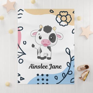 Baby Blanket, Cow Theme Personalized Toddler Gift, Farm Animal Nursery Decor, Soft Fleece Blanket