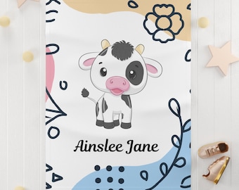 Baby Blanket, Cow Theme Personalized Toddler Gift, Farm Animal Nursery Decor, Soft Fleece Blanket
