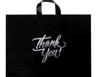 Large Black 16"x12.5" Thank You Bag (60pcs), Merchandise Bag with Loop Handle, Boutique Bag with 3" Bottom Gusset & 2.35 Mil Thick