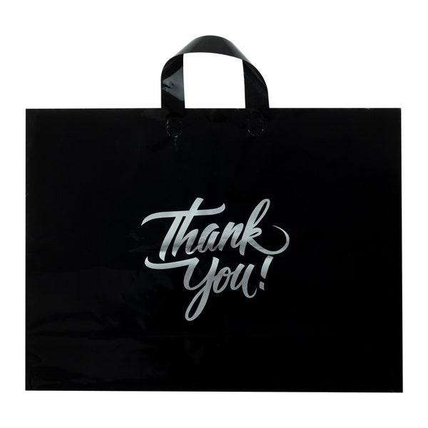 Large Black 16"x12.5" Thank You Bag (60pcs), Merchandise Bag with Loop Handle, Boutique Bag with 3" Bottom Gusset & 2.35 Mil Thick