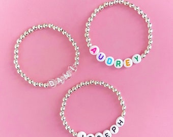 Personalised Name Bracelet | 1 x Silver Toned CCB Bead Bracelet | Custom adults or kids size | CUTE GIFT