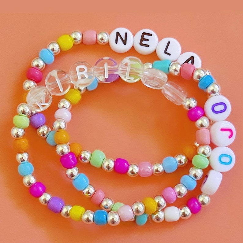 Personalised Name Bracelet 1 x Rainbow Bead & Silver Toned CCB Bead Mix Bracelet Custom adults or kids size Super cute gift image 3