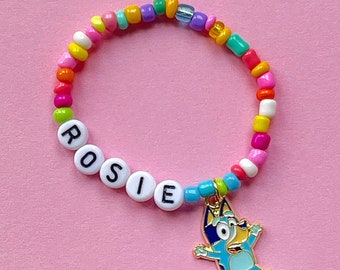 Personalised Name Bracelet | 1x Bluey Themed Bracelet | Rainbow Glass Beads | Custom Kids Bracelet | Super cute gift | Bluey dog