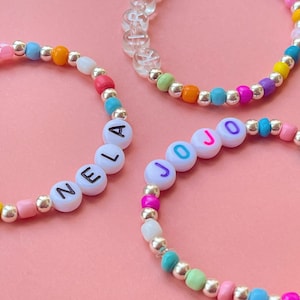 Personalised Name Bracelet 1 x Rainbow Bead & Silver Toned CCB Bead Mix Bracelet Custom adults or kids size Super cute gift image 5