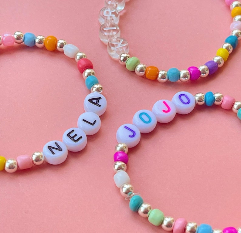 Personalised Name Bracelet 1 x Rainbow Bead & Silver Toned CCB Bead Mix Bracelet Custom adults or kids size Super cute gift image 5