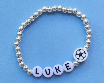 Soccer Personalised Bracelet | Gift | 1 x Personalised Bracelet | Kids | Great Present | Polymer Clay Soccer | CCB Silver coloured Beads