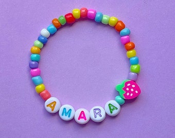 Strawberry Personalised Bracelet | Gift | 1 x Personalised Bracelet | Kids | Great Present | Polymer Clay Strawberry Bead | Rainbow
