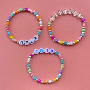 Personalised Name Bracelet 1 x Rainbow Bead & Silver Toned CCB Bead Mix Bracelet Custom adults or kids size Super cute gift image 1