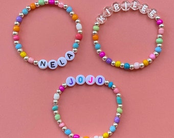 Personalised Name Bracelet | 1 x Rainbow Bead & Silver Toned CCB Bead Mix Bracelet | Custom adults or kids size | Super cute gift