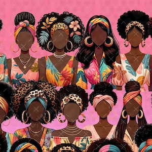 Colección Fashionista SIN ROSTRO: 20 ilustraciones de arte digital PNG transparentes de elegantes mujeres afrocaribeñas, mujeres negras sin rostro, PAQUETE.