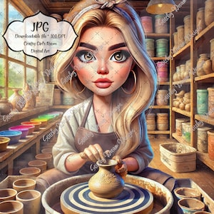 Puede incluir: Una joven con cabello rubio y ojos marrones está trabajando en un torno de alfarería en un estudio de cerámica. Lleva una camisa blanca con un delantal marrón y una diadema. El torno de alfarería está hecho de madera y tiene una olla de barro marrón sobre él. El estudio está lleno de estantes de cerámica y otros suministros.