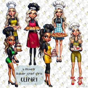 Conjunto de 6 imágenes prediseñadas de cocineras panaderas / Imágenes PNG de cocineras / Ilustración de repostería y pasteles