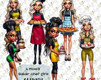 6 Baker Chef Girls Clipart Set | Female Cooks PNG | Pastry & Cake Illustration Download