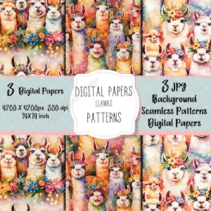 3 Colorful Llama Seamless Background Patterns Floral Crown Llama Designs | Digital Download 14&quot;X14&quot;