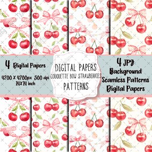 May include: Four digital paper designs featuring a seamless pattern of red cherries with pink polka dot bows on white background. The text "DIGITAL PAPERS COUQUETTE BOW STRAWBERRIES PATTERNS" is displayed in the center of the image.