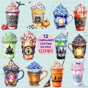 12 Halloween Coffee Drinks Clipart Spooky Latte PNG Bundle for Fall