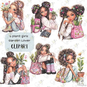 6 Plant Girls Clipart Set Garden Lover PNG Cute Girl Digital Download Boho Aesthetic. Ótimo para planejadores e scrapbooking
