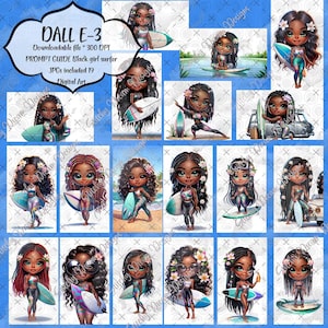 Puede incluir: Un collage de arte digital de 19 imágenes con chicas negras surfeando. Cada imagen tiene una pose y una expresión diferentes. Las chicas llevan trajes de baño coloridos y tienen flores en el pelo. Las imágenes están sobre un fondo azul y blanco.