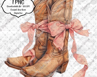 Cowgirl Boots Clipart: Pink Bow PNG, Coquette Design (Digital Download)